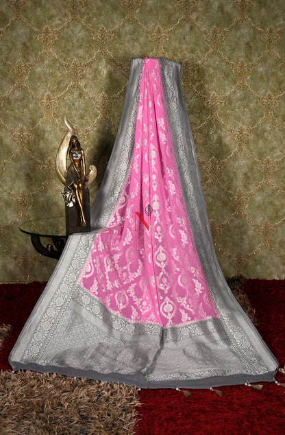 Pink & Grey Pure Banarasi Georgette Khaddi Dupatta