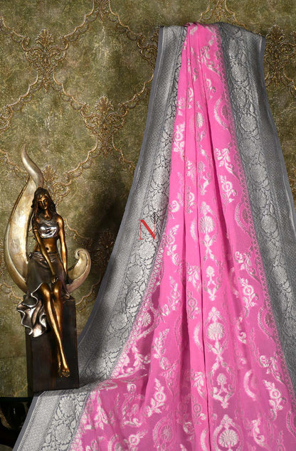 Pink & Grey Pure Banarasi Georgette Khaddi Dupatta