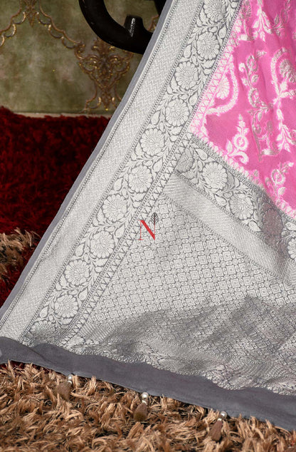 Pink & Grey Pure Banarasi Georgette Khaddi Dupatta