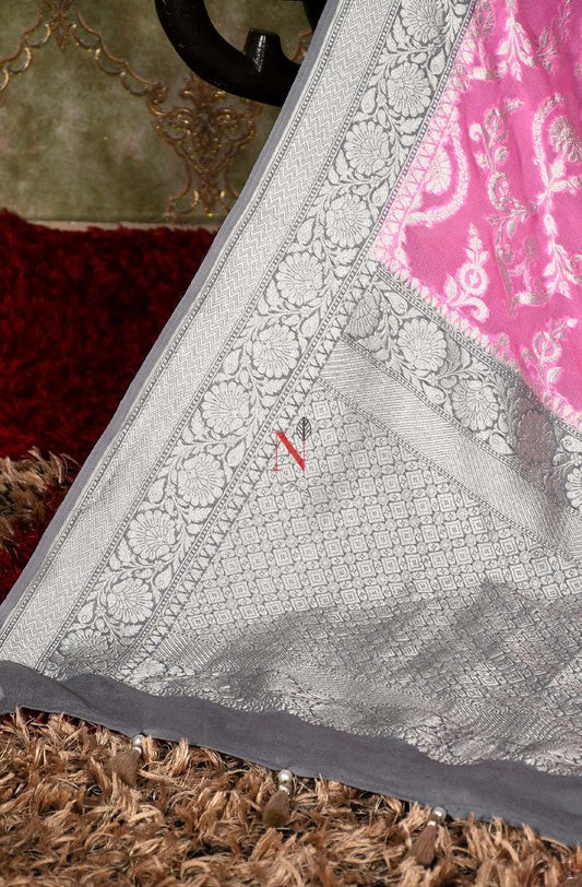 Pink & Grey Pure Banarasi Georgette Khaddi Dupatta