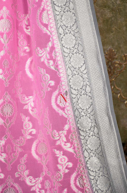 Pink & Grey Pure Banarasi Georgette Khaddi Dupatta