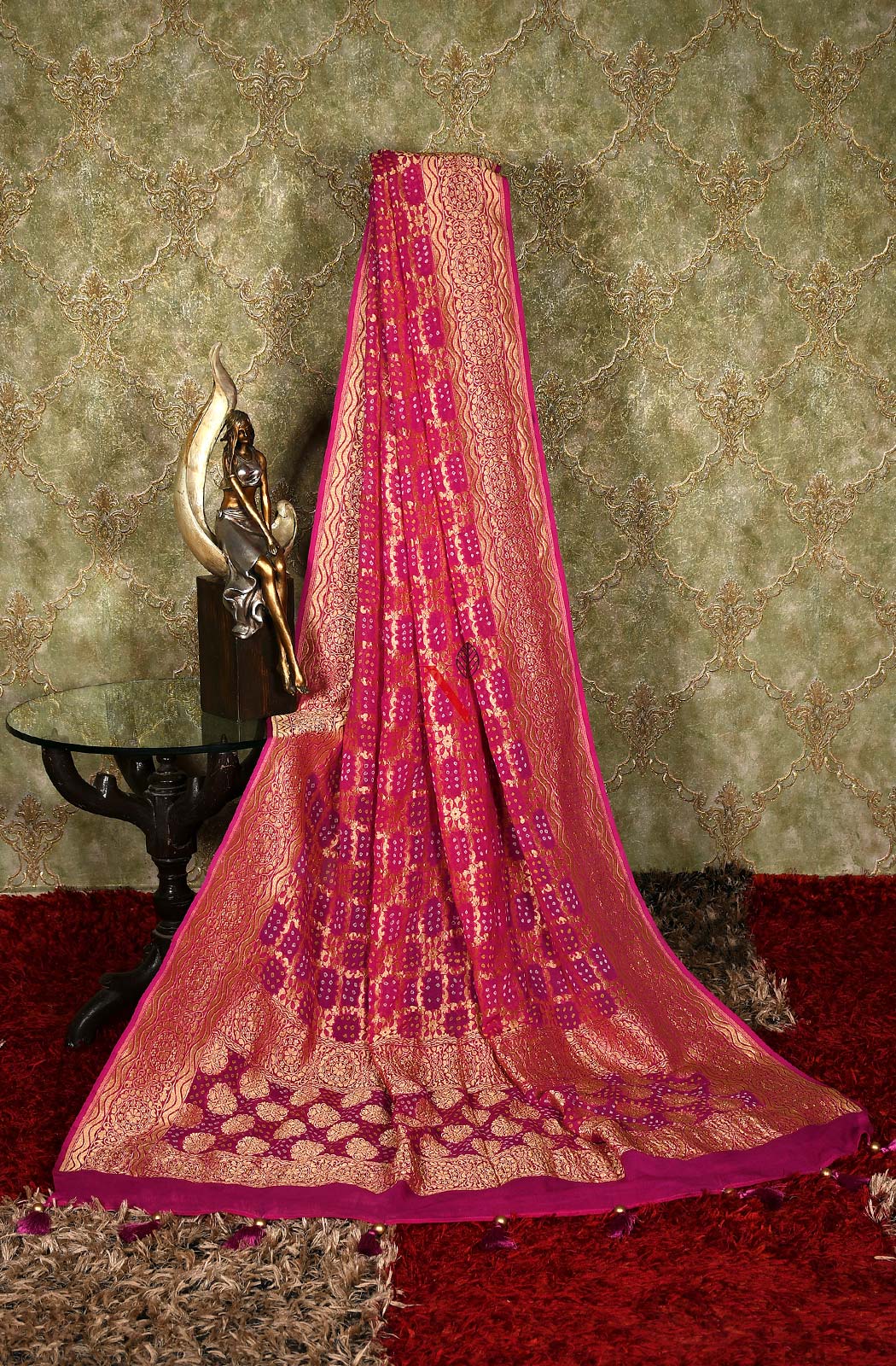 Dark Magenta Pure Banarasi Georgette Bandhej Dupatta
