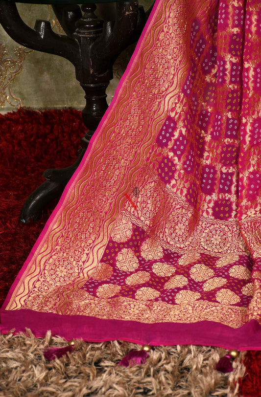 Dark Magenta Pure Banarasi Georgette Bandhej Dupatta