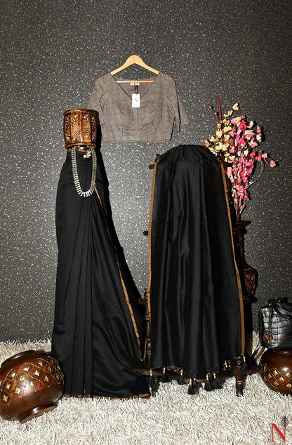 Black Pure Silk Chanderi Plain Saree - Black Beauty - Naksheband