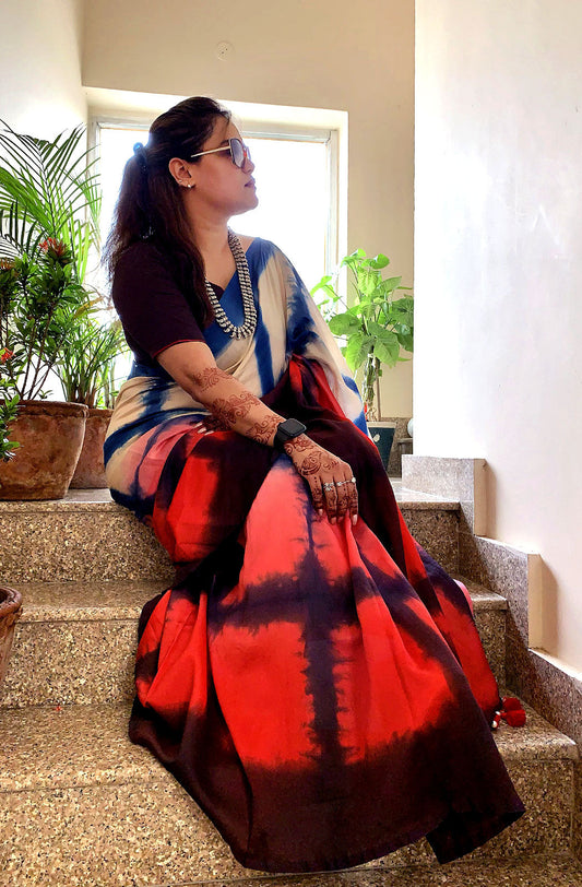 Navy Blue, Beige and Red Pure Silk Chanderi Saree - Shibori - Naksheband