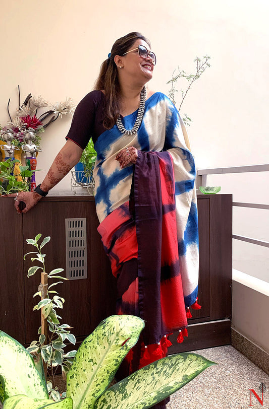 Navy Blue, Beige and Red Pure Silk Chanderi Saree - Shibori - Naksheband