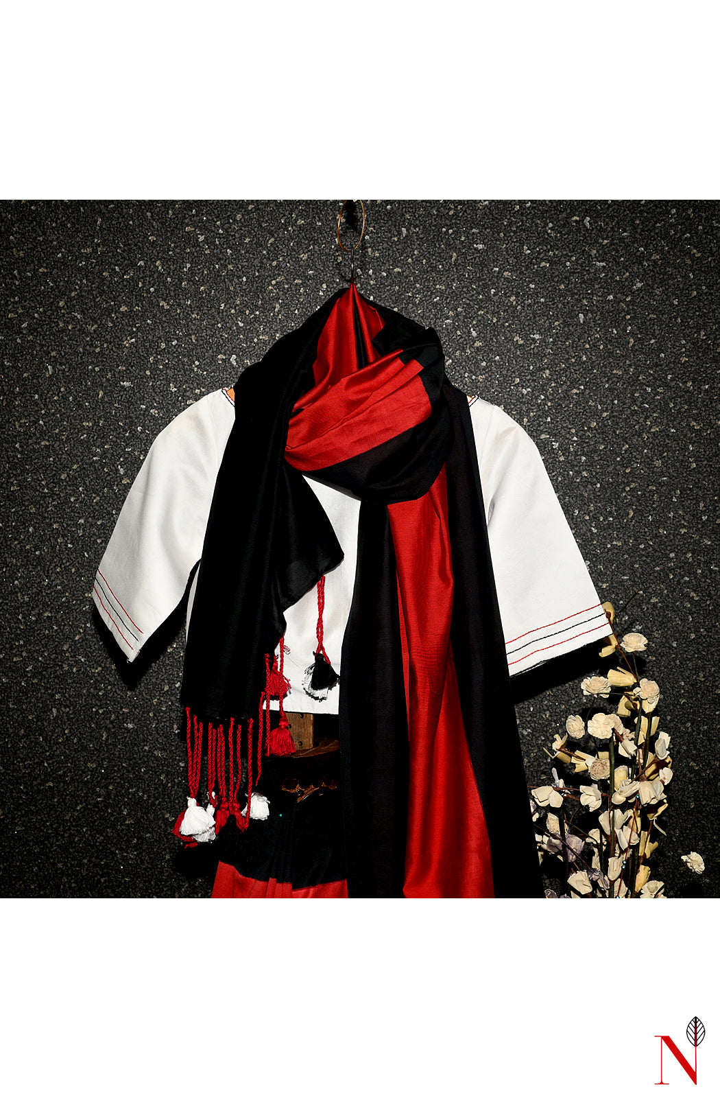 Red and Black Pure Silk Chanderi Chap Dye Saree