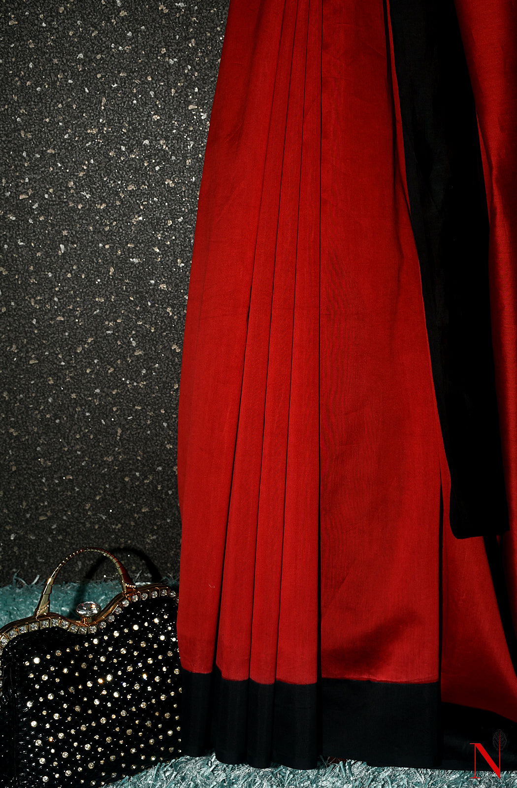 Red and Black Pure Silk Chanderi Chap Dye Saree