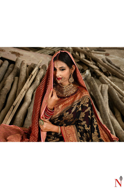 Black & Maroon Pure Banarasi Khaddi Georgette Saree - Shayamal - Naksheband
