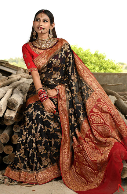Black & Maroon Pure Banarasi Khaddi Georgette Saree - Shayamal - Naksheband