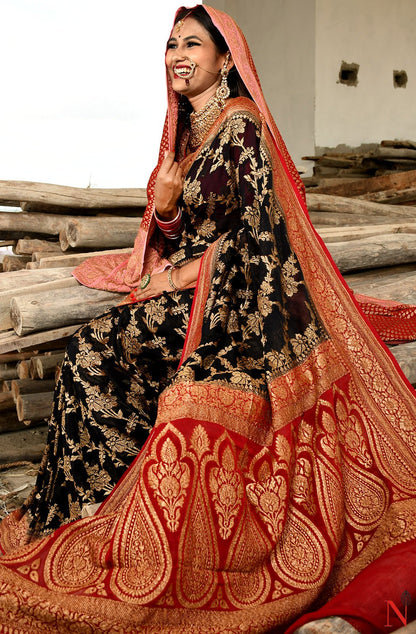 Black & Maroon Pure Banarasi Khaddi Georgette Saree - Shayamal - Naksheband