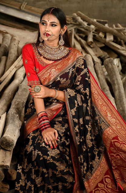 Black & Maroon Pure Banarasi Khaddi Georgette Saree - Shayamal - Naksheband
