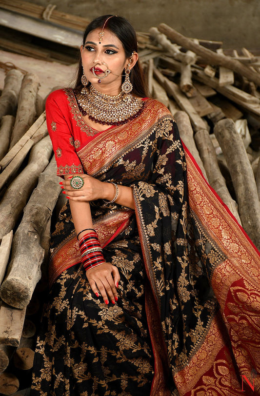 Black & Maroon Pure Banarasi Khaddi Georgette Saree - Shayamal - Naksheband