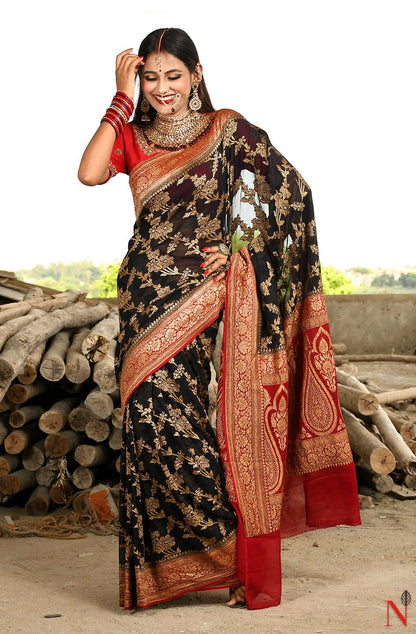 Black & Maroon Pure Banarasi Khaddi Georgette Saree - Shayamal - Naksheband