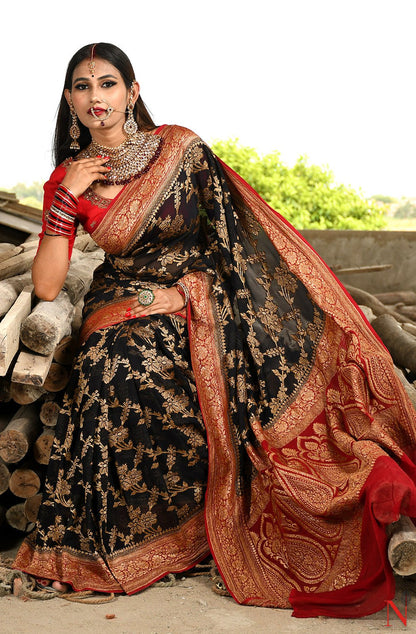 Black & Maroon Pure Banarasi Khaddi Georgette Saree - Shayamal - Naksheband