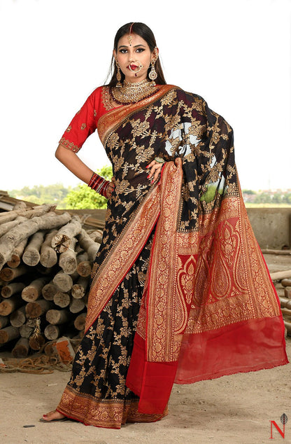 Black & Maroon Pure Banarasi Khaddi Georgette Saree - Shayamal - Naksheband