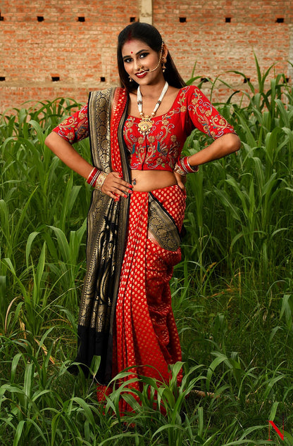 Red & Black Pure Banarasi Khaddi Georgette Saree - Rudra - Naksheband
