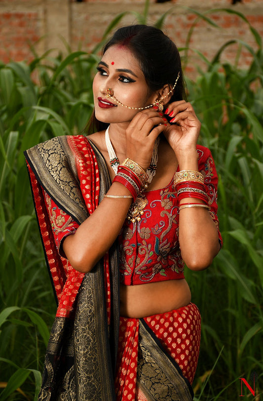 Red & Black Pure Banarasi Khaddi Georgette Saree - Rudra - Naksheband