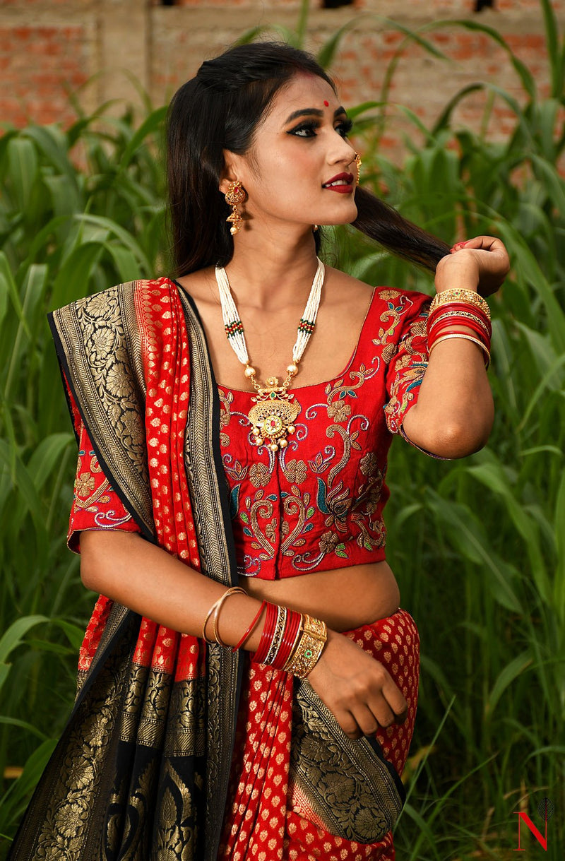 Red & Black Pure Banarasi Khaddi Georgette Saree - Rudra - Naksheband