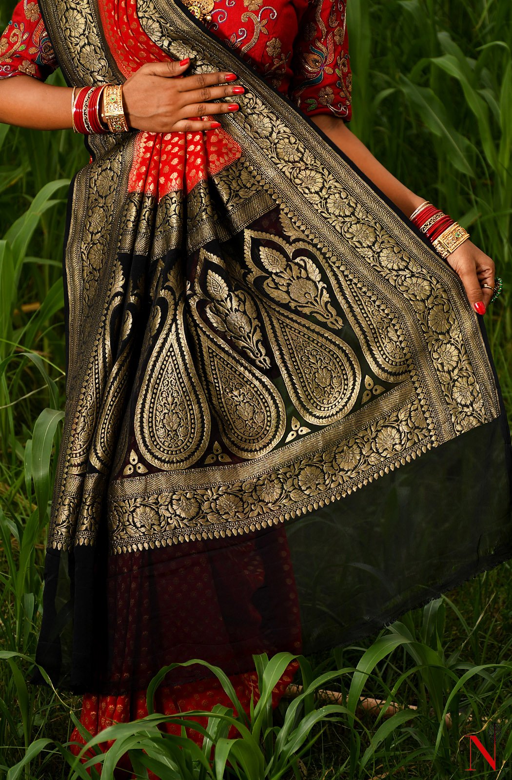 Red & Black Pure Banarasi Khaddi Georgette Saree - Rudra - Naksheband
