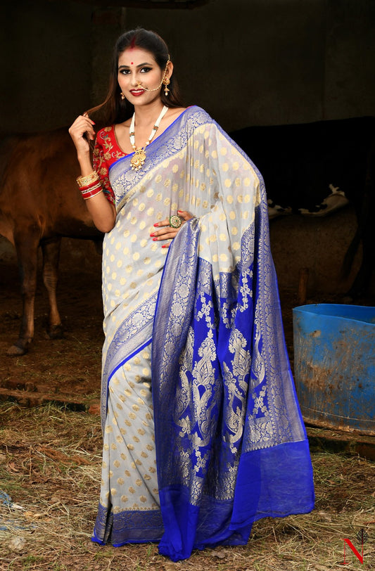 Grey & Blue Pure Banarasi Khaddi Georgette Saree - Dhusar - Naksheband