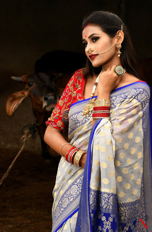 Grey & Blue Pure Banarasi Khaddi Georgette Saree - Dhusar - Naksheband