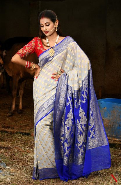 Grey & Blue Pure Banarasi Khaddi Georgette Saree - Dhusar - Naksheband