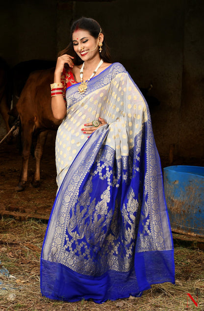 Grey & Blue Pure Banarasi Khaddi Georgette Saree - Dhusar - Naksheband