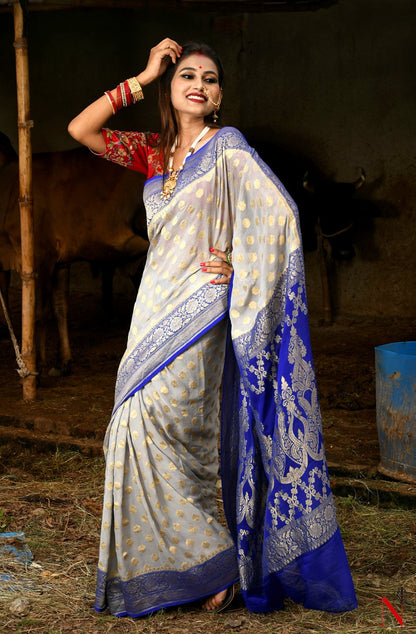 Grey & Blue Pure Banarasi Khaddi Georgette Saree - Dhusar - Naksheband
