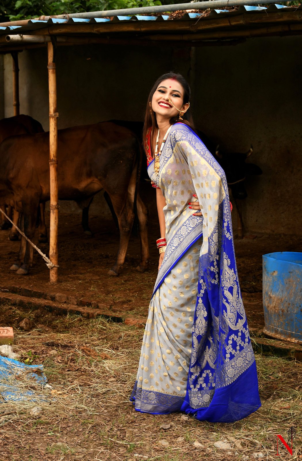 Grey & Blue Pure Banarasi Khaddi Georgette Saree - Dhusar - Naksheband