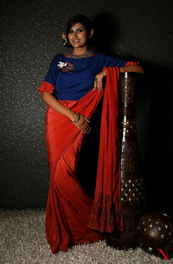 Rust Pure Crepe Designer Saree - Naksheband