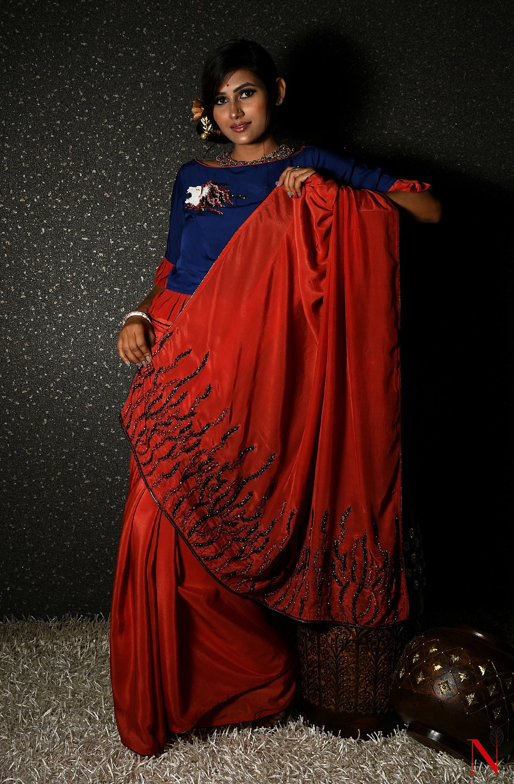 Rust Pure Crepe Designer Saree - Naksheband