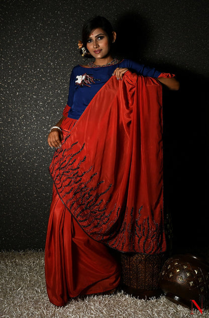 Rust Pure Crepe Designer Saree - Naksheband