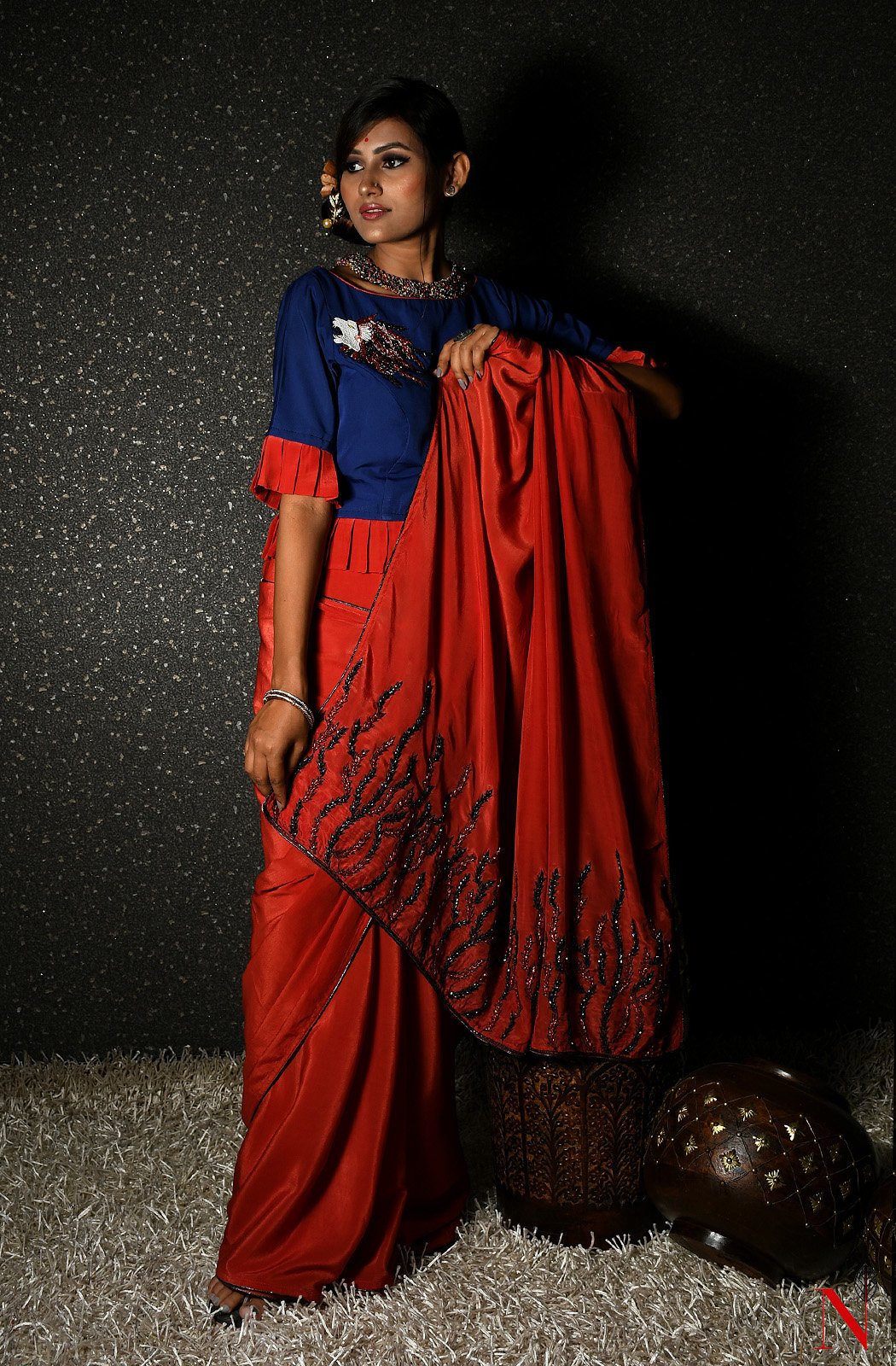 Rust Pure Crepe Designer Saree - Naksheband