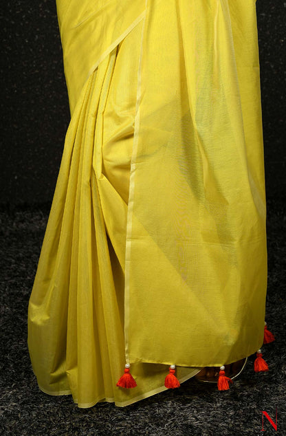 Yellow Pure Silk Chanderi Plain Saree