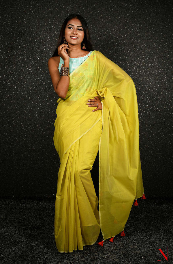 Yellow Pure Silk Chanderi Plain Saree