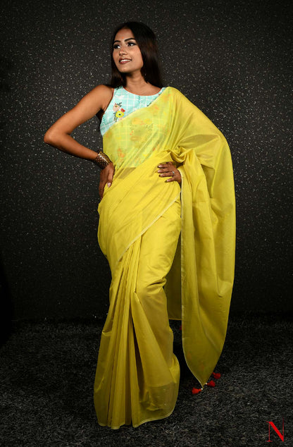 Yellow Pure Silk Chanderi Plain Saree