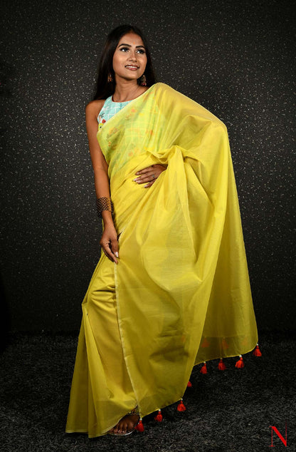 Yellow Pure Silk Chanderi Plain Saree