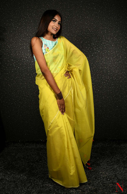 Yellow Pure Silk Chanderi Plain Saree