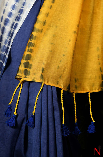 Blue, Yellow & White Pure Silk Chanderi Saree - Shibori