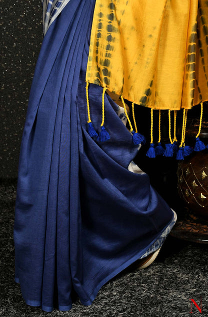 Blue, Yellow & White Pure Silk Chanderi Saree - Shibori
