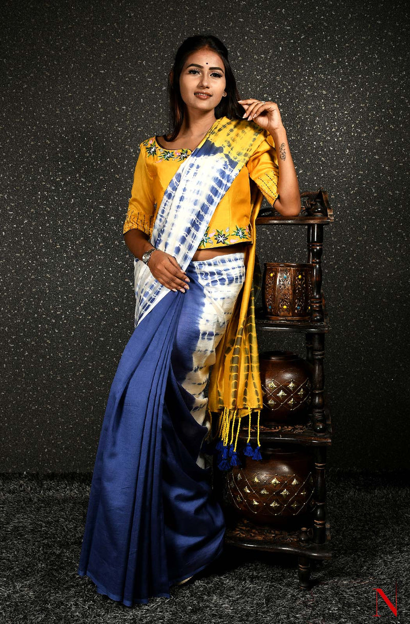 Blue, Yellow & White Pure Silk Chanderi Saree - Shibori