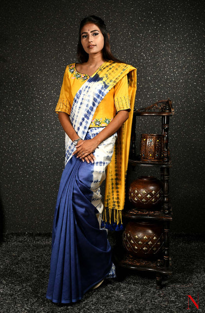 Blue, Yellow & White Pure Silk Chanderi Saree - Shibori