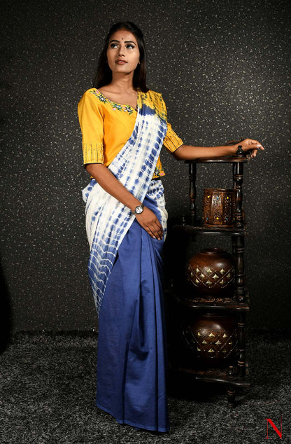 Blue, Yellow & White Pure Silk Chanderi Saree - Shibori