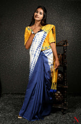 Blue, Yellow & White Pure Silk Chanderi Saree - Shibori