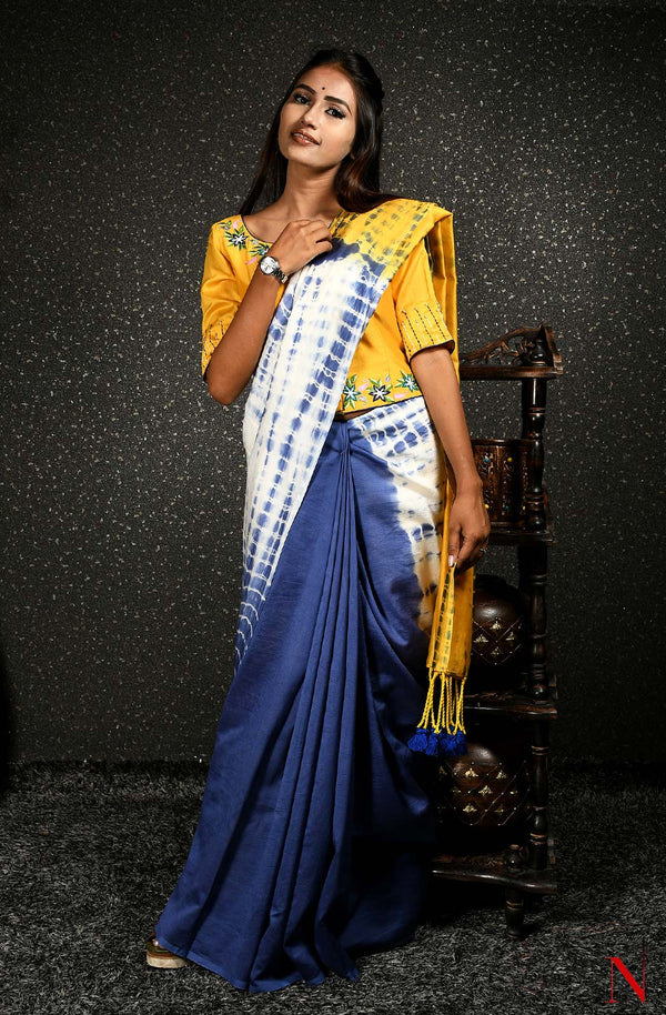 Blue, Yellow & White Pure Silk Chanderi Saree - Shibori