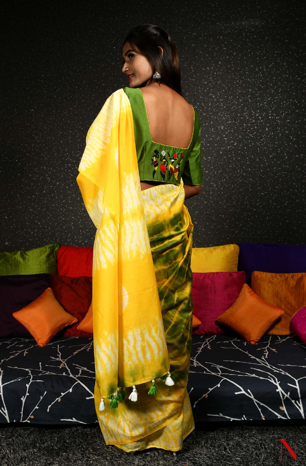 Yellow & Green Pure Silk Chanderi Saree - Shibori