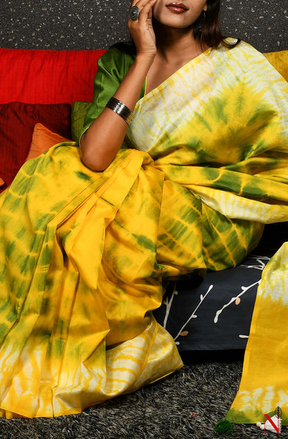Yellow & Green Pure Silk Chanderi Saree - Shibori