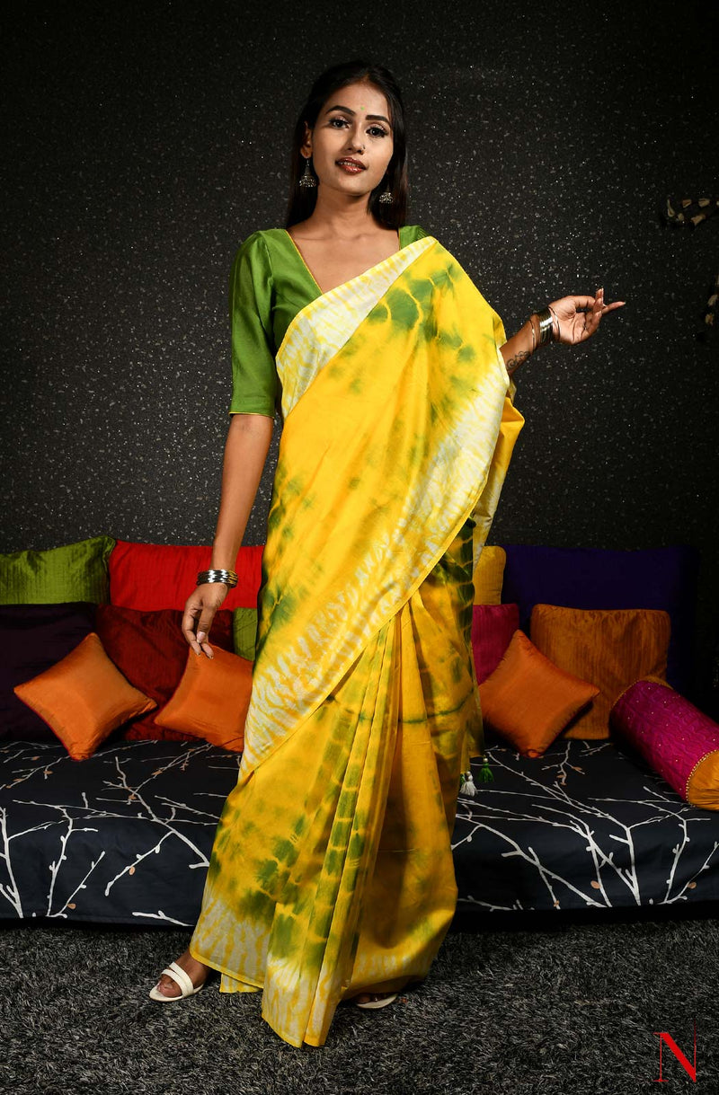 Yellow & Green Pure Silk Chanderi Saree - Shibori