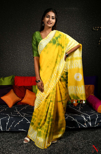 Yellow & Green Pure Silk Chanderi Saree - Shibori